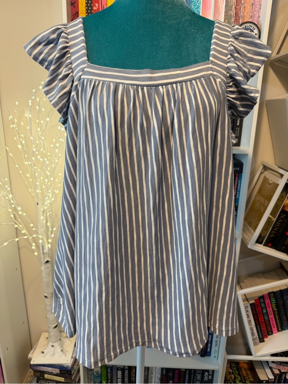 Lauren Conrad Blue and White Striped Square Neck Ruffle Sleeve Top